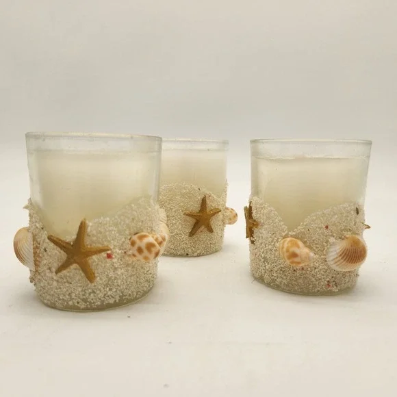 Trio of New Beach Themed Votive Candle Holders With Candles Seashell Sand Decor - Picture 2 of 7